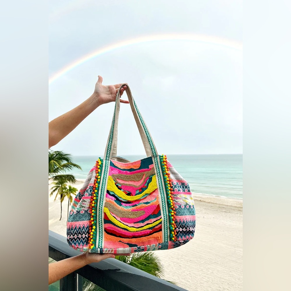 America and Beyond Daphne Beaded Tote Multicolor Boho Embellished Bag - Picture 7 of 8